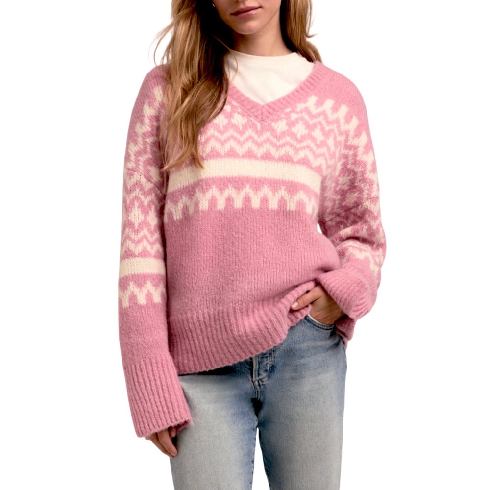 Favorite Daughter Pink And White Fair Isle William Sweater V Neck Size Small
